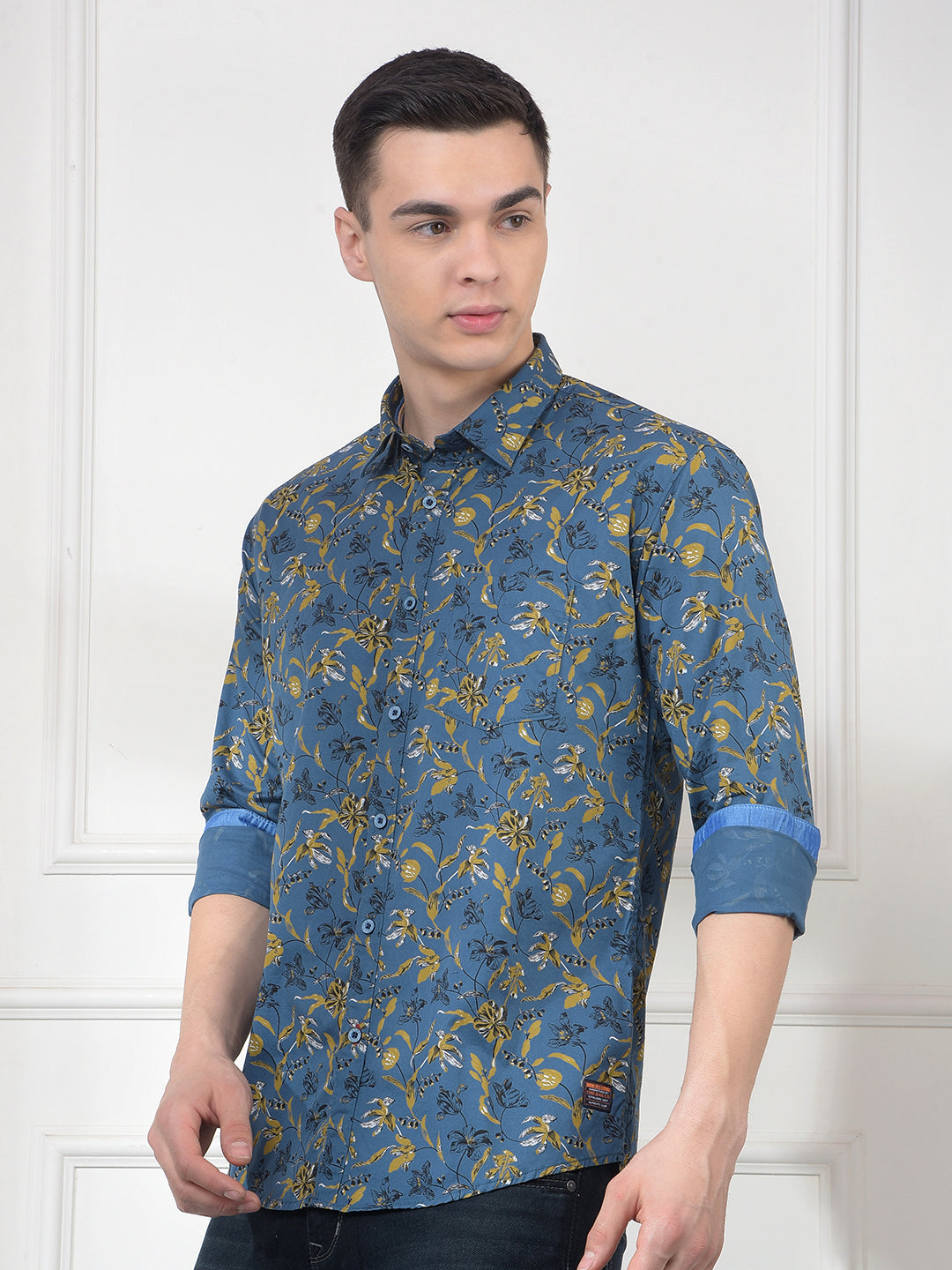 cobb teal blue printed slim-fit casual shirt