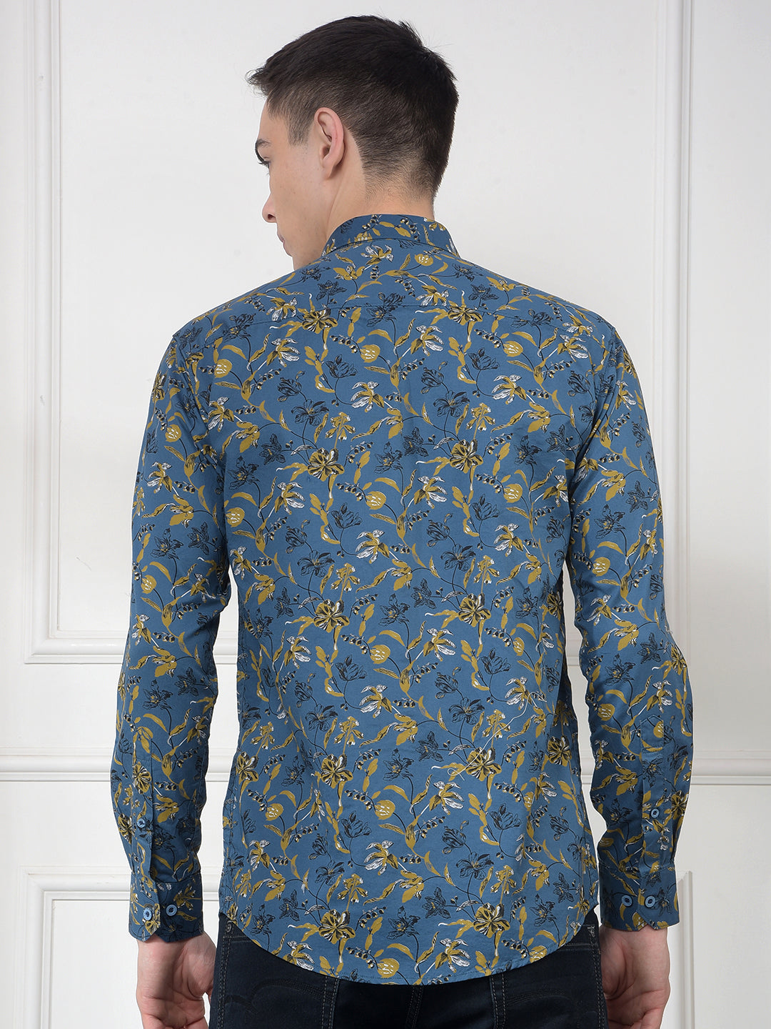 cobb teal blue printed slim-fit casual shirt
