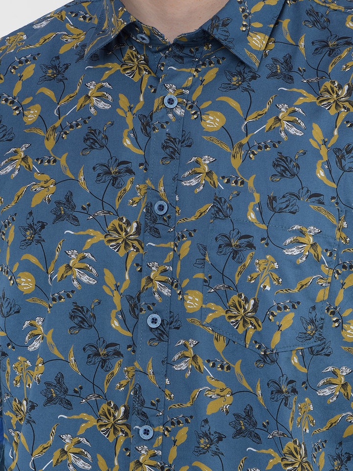 COBB TEAL BLUE PRINTED SLIM-FIT CASUAL SHIRT