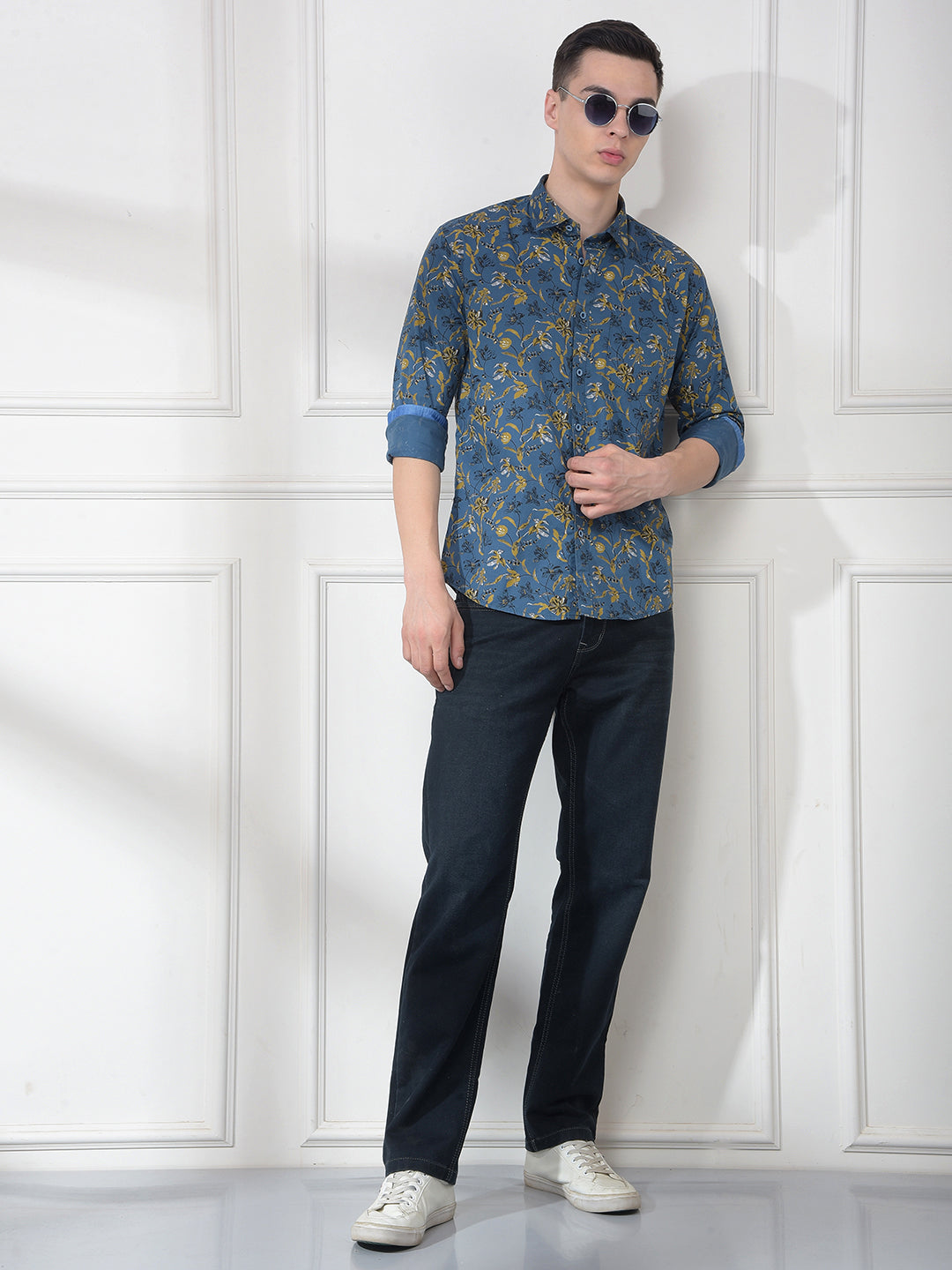 COBB TEAL BLUE PRINTED SLIM-FIT CASUAL SHIRT