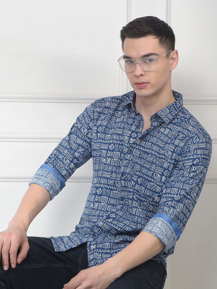 cobb indigo printed slim-fit casual shirt