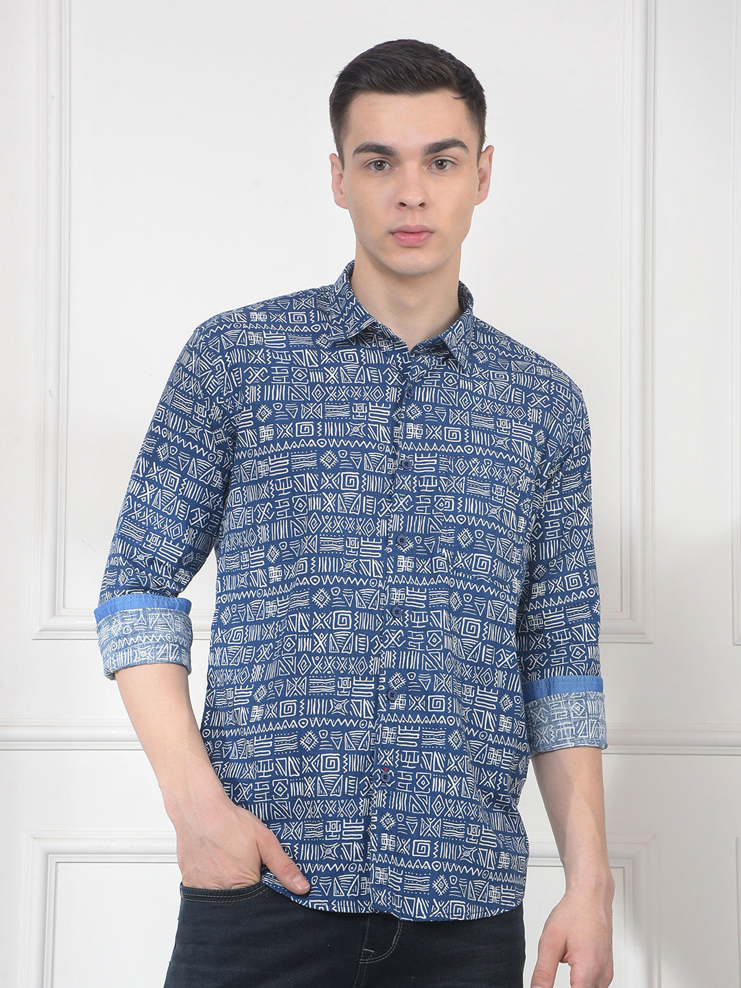 cobb indigo printed slim-fit casual shirt
