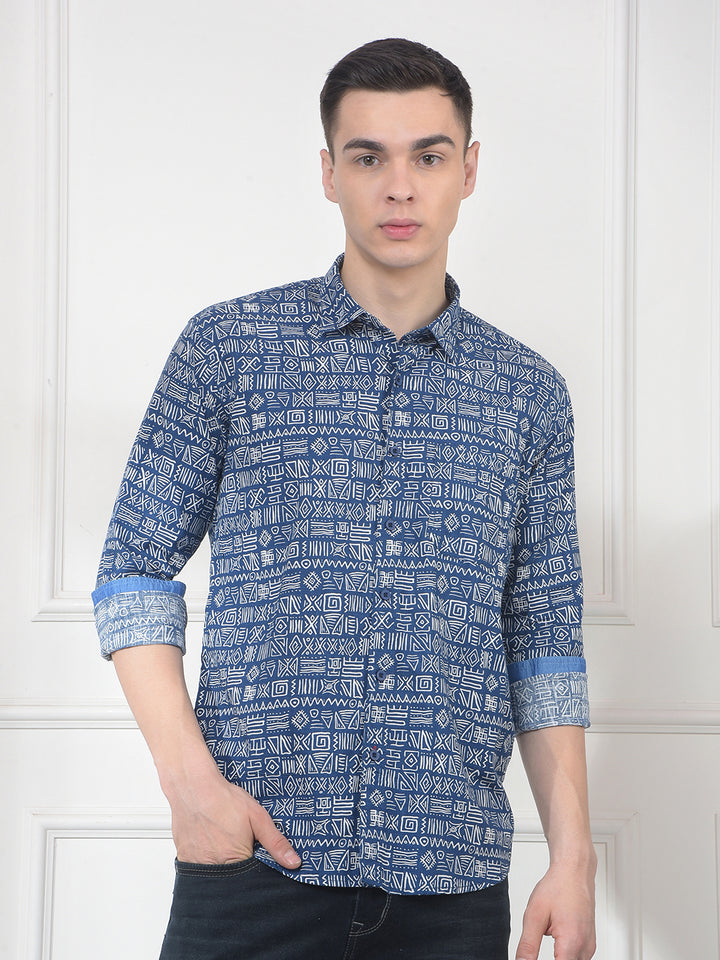cobb indigo printed slim-fit casual shirt