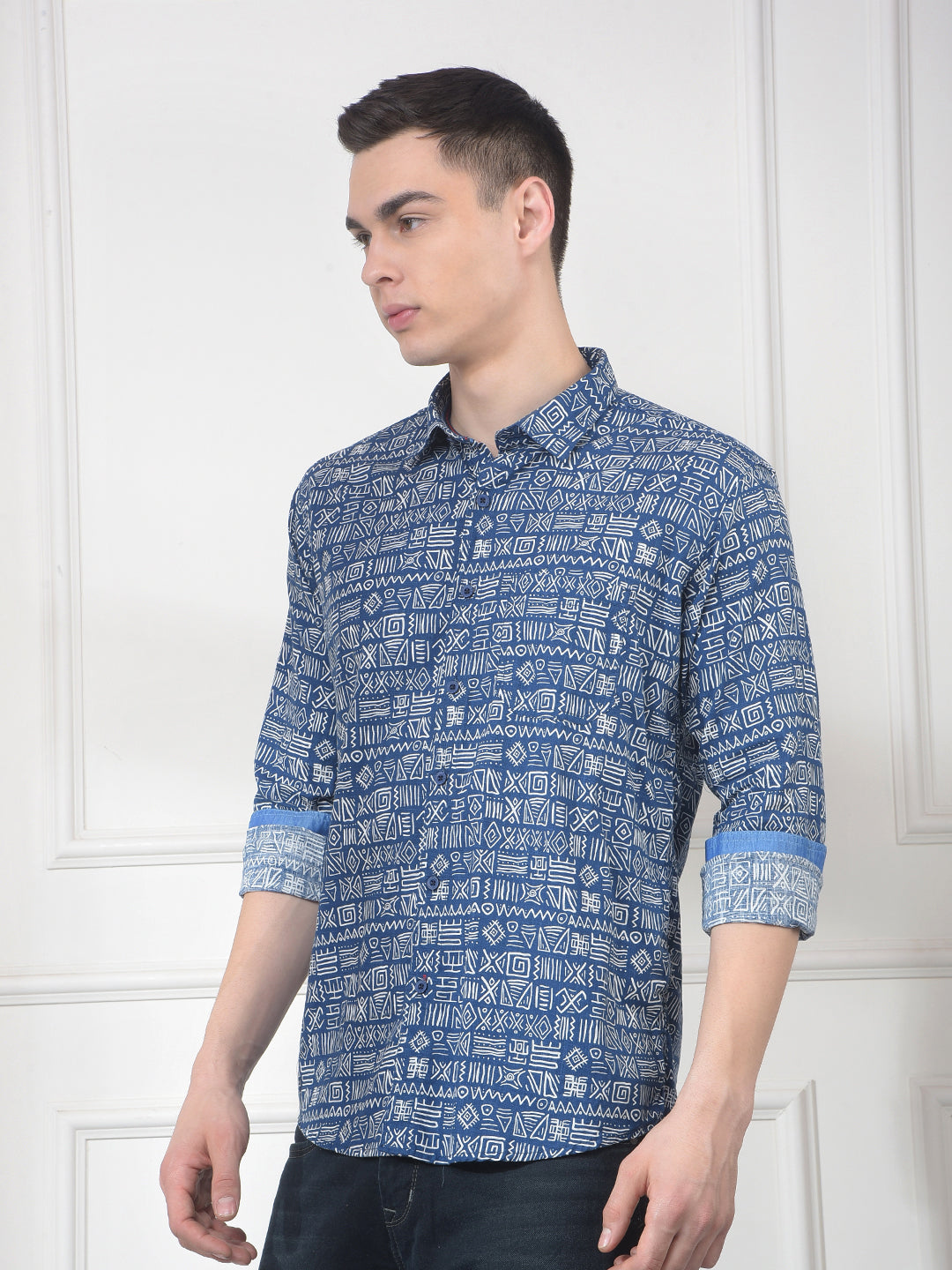 cobb indigo printed slim-fit casual shirt