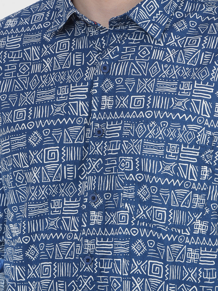 COBB INDIGO PRINTED SLIM-FIT CASUAL SHIRT