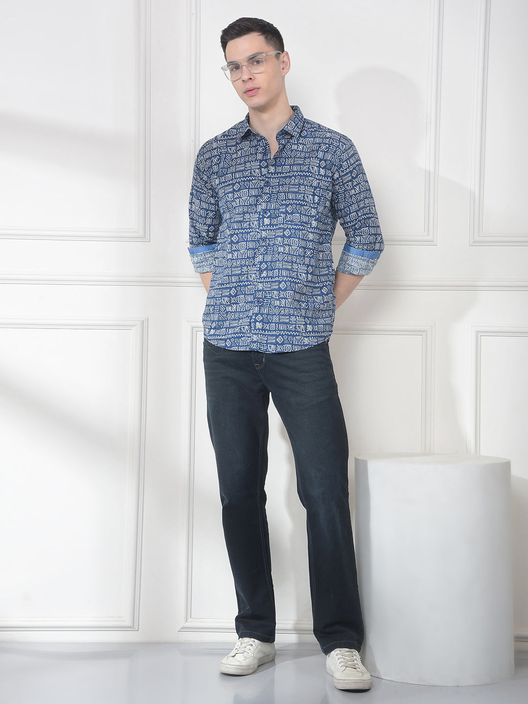 COBB INDIGO PRINTED SLIM-FIT CASUAL SHIRT