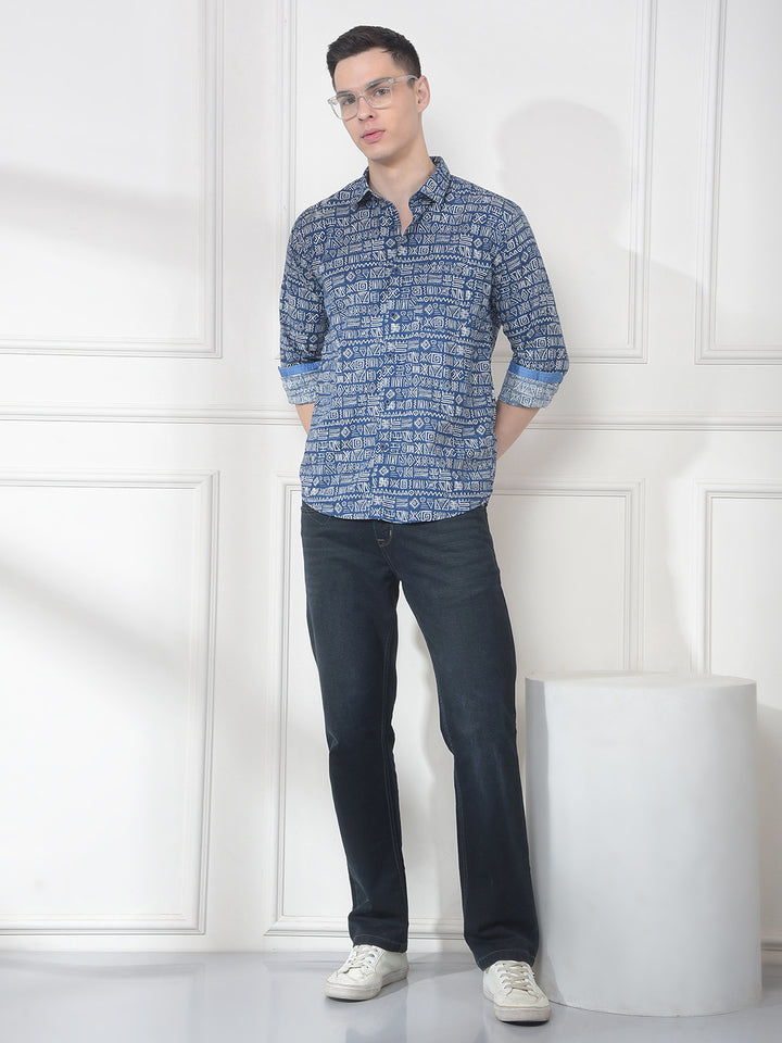 COBB INDIGO PRINTED SLIM-FIT CASUAL SHIRT