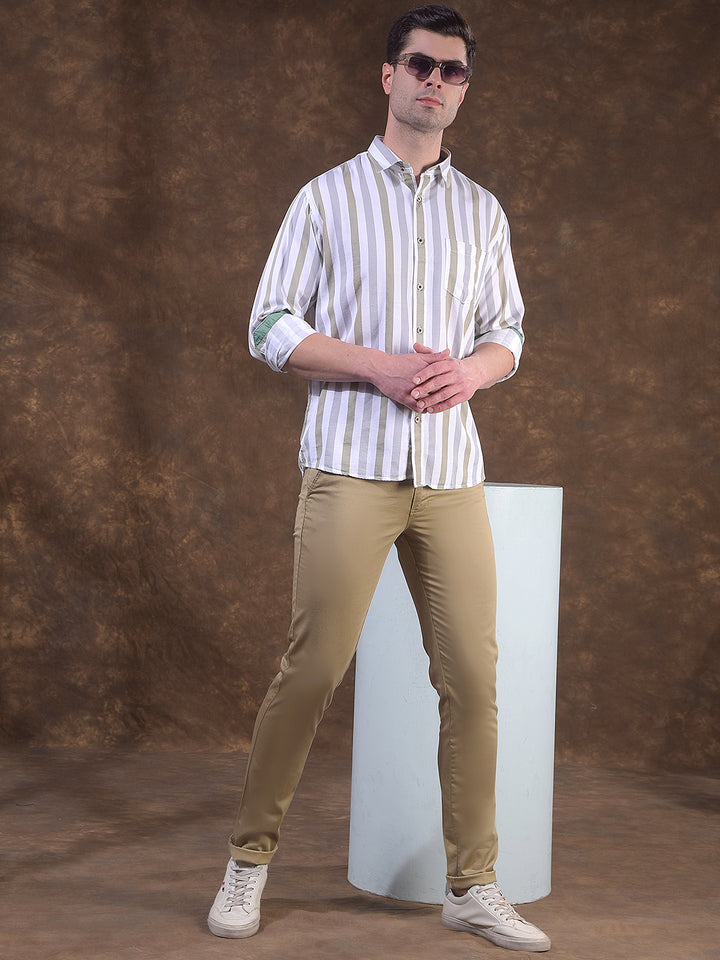 COBB MEN'S OLIVE STRIPED SLIM-FIT CASUAL SHIRT