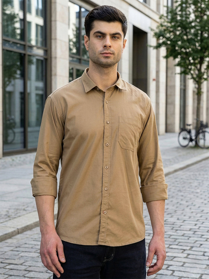 cobb khaki solid slim-fit casual shirt