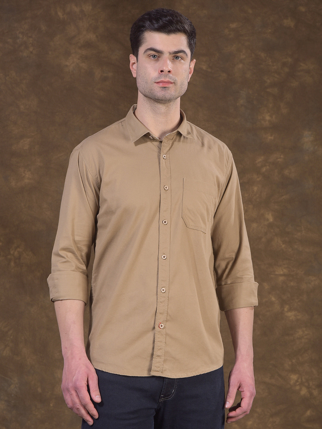 cobb khaki solid slim-fit casual shirt