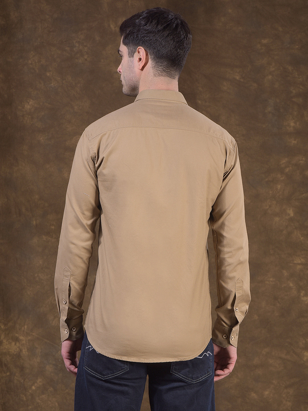cobb khaki solid slim-fit casual shirt