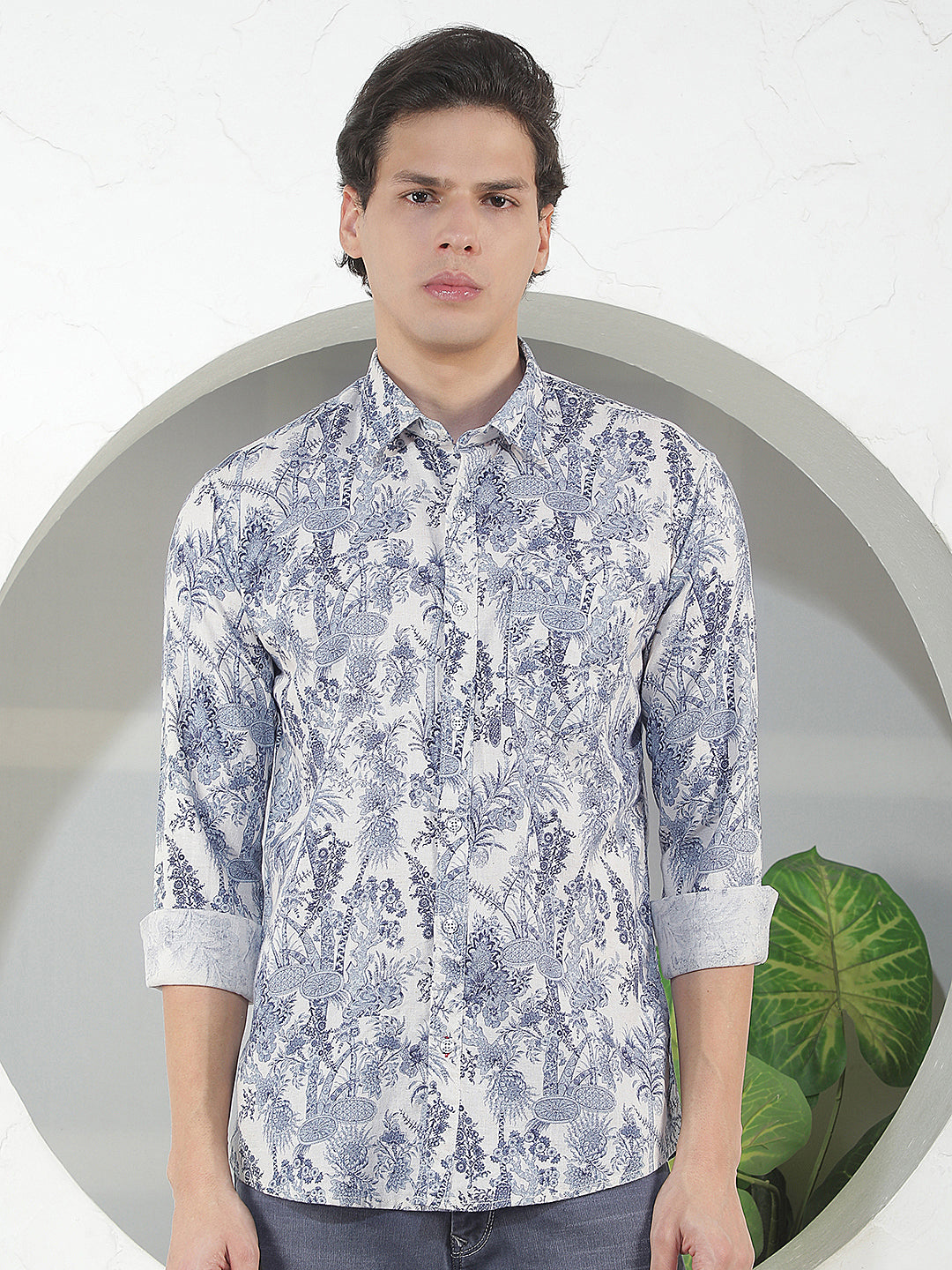 natural blue printed slim-fit casual shirt
