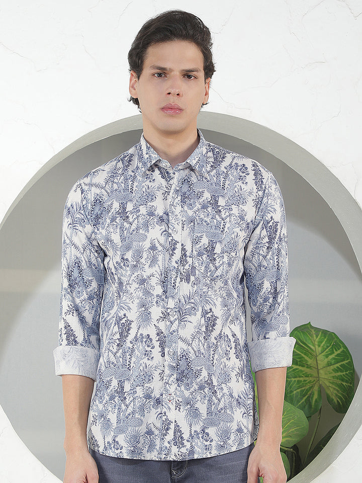 natural blue printed slim-fit casual shirt