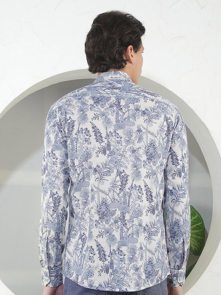 natural blue printed slim-fit casual shirt