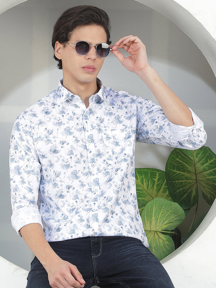 aqua blue printed slim-fit casual shirt