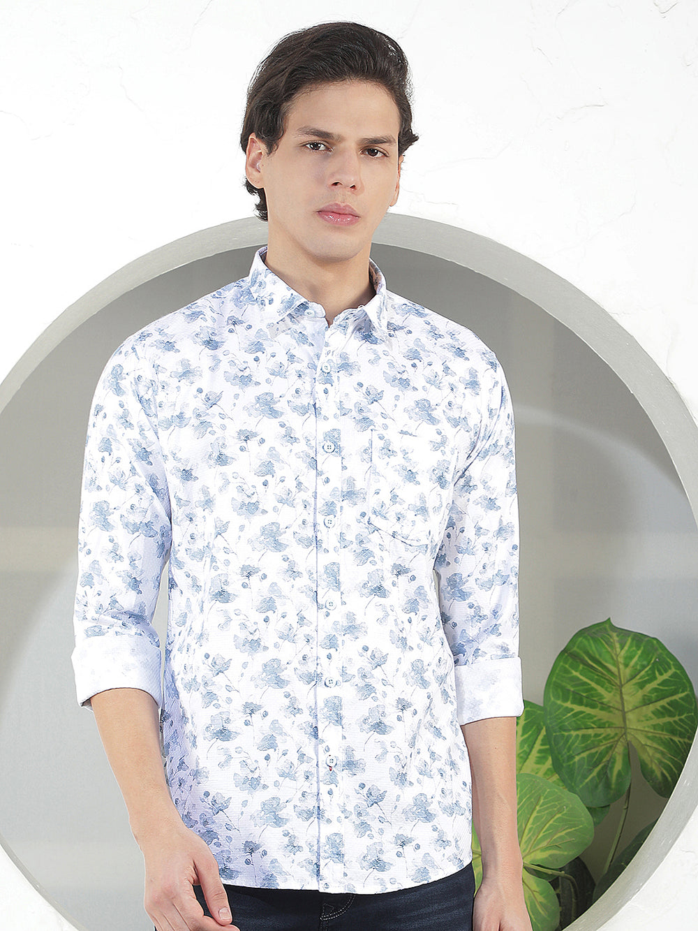 aqua blue printed slim-fit casual shirt