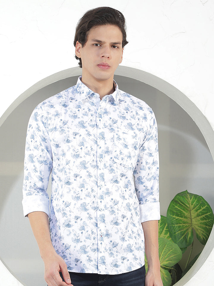 aqua blue printed slim-fit casual shirt