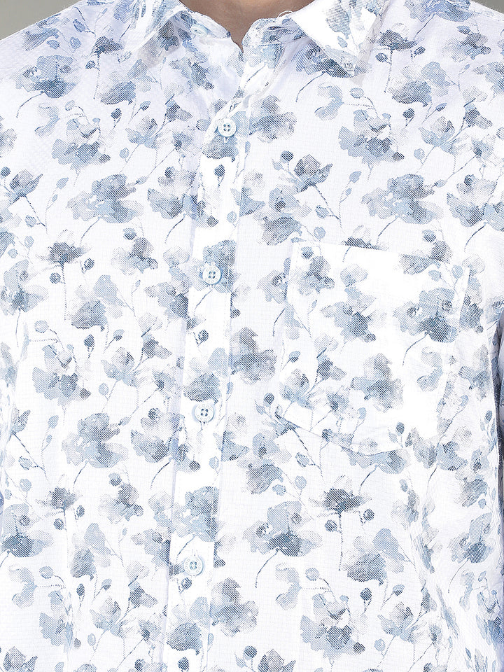 AQUA BLUE PRINTED SLIM-FIT CASUAL SHIRT