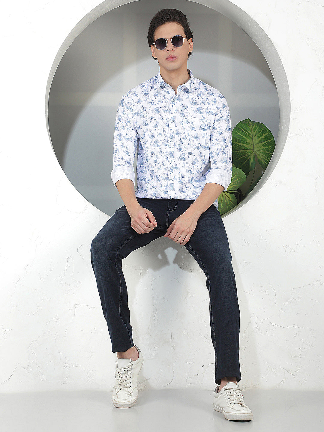 AQUA BLUE PRINTED SLIM-FIT CASUAL SHIRT