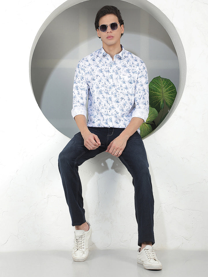 AQUA BLUE PRINTED SLIM-FIT CASUAL SHIRT