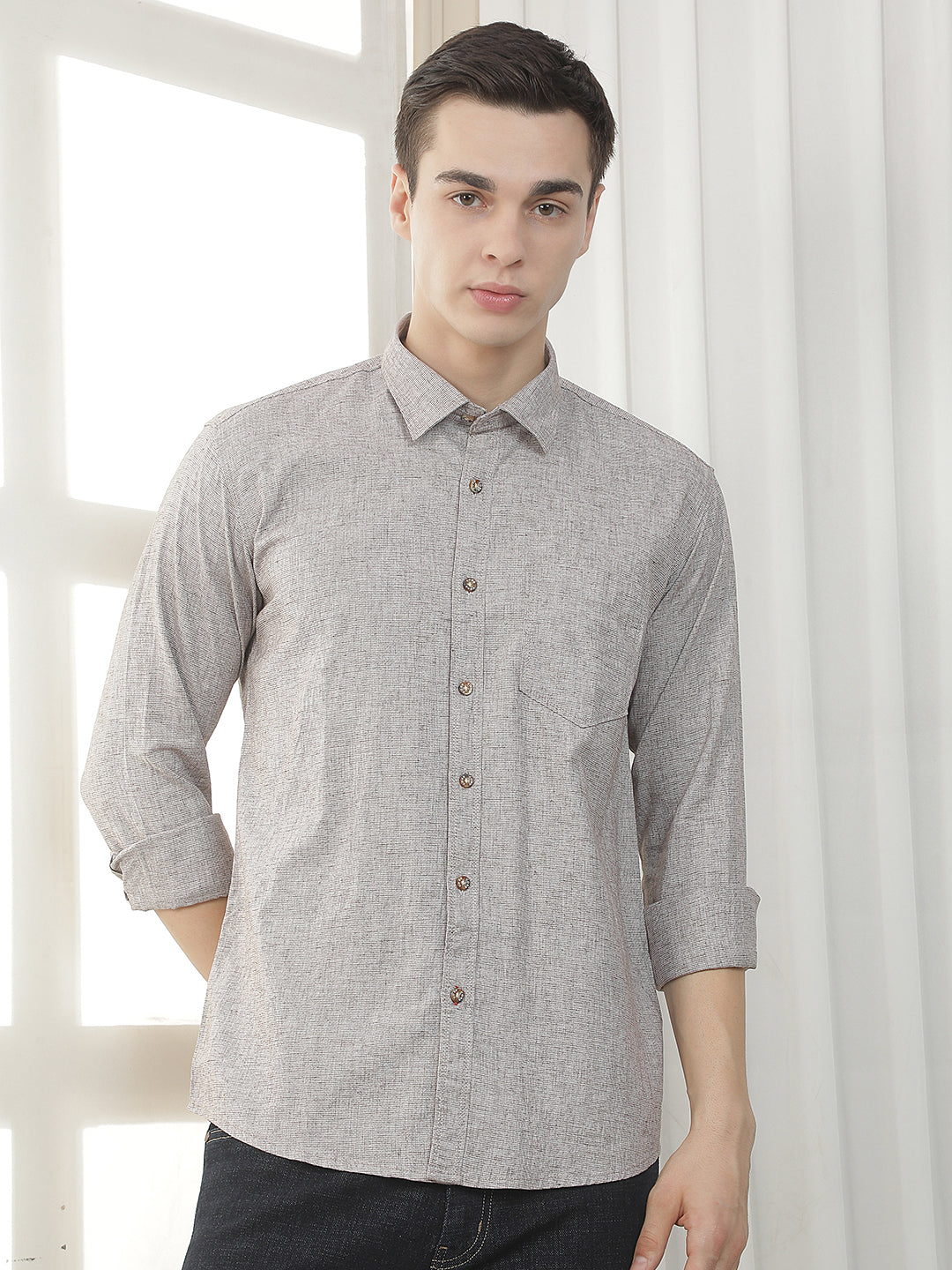 brown textured slim-fit casual shirt