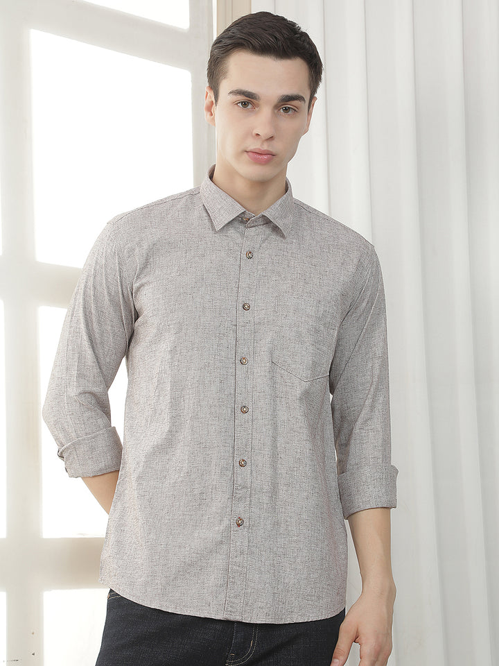 brown textured slim-fit casual shirt