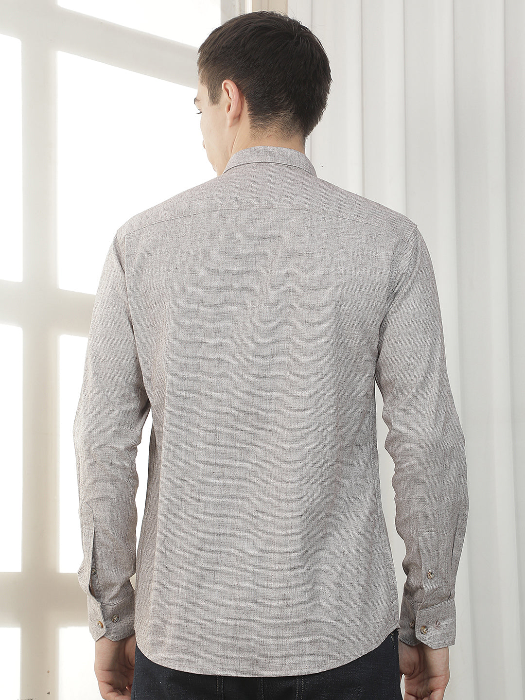 brown textured slim-fit casual shirt