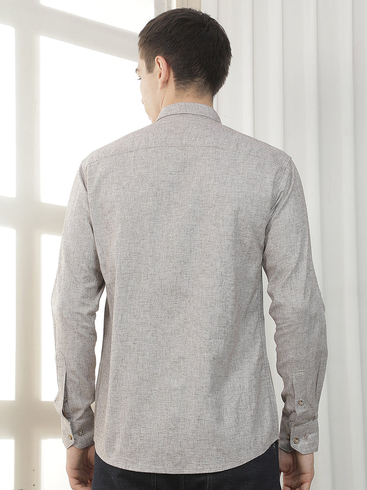 brown textured slim-fit casual shirt