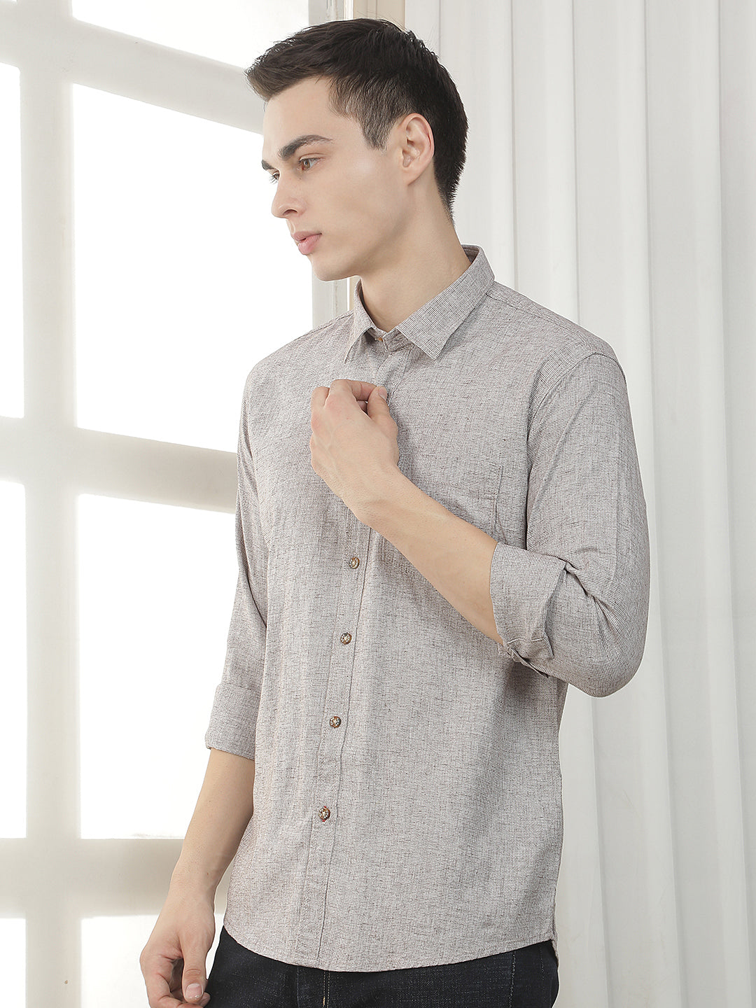 BROWN TEXTURED SLIM-FIT CASUAL SHIRT