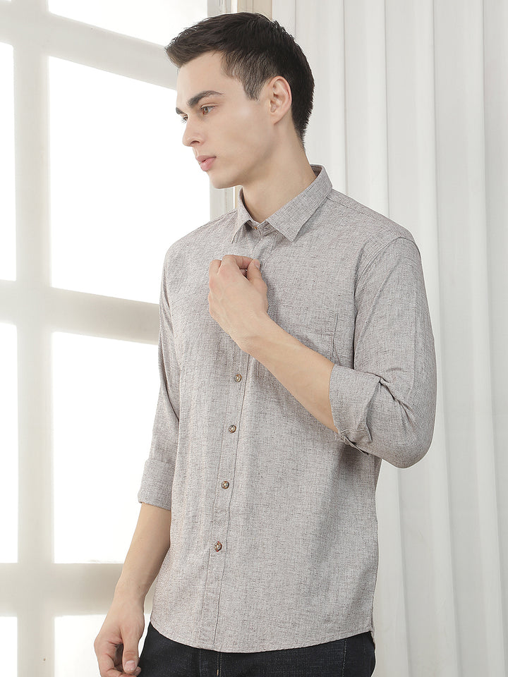 BROWN TEXTURED SLIM-FIT CASUAL SHIRT