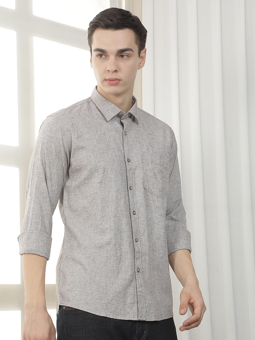 BROWN TEXTURED SLIM-FIT CASUAL SHIRT