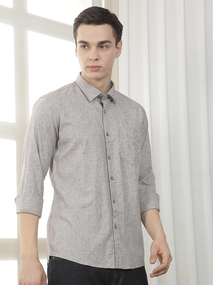 BROWN TEXTURED SLIM-FIT CASUAL SHIRT