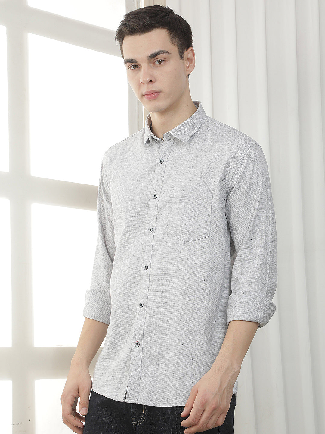 GREY TEXTURED SLIM-FIT CASUAL SHIRT