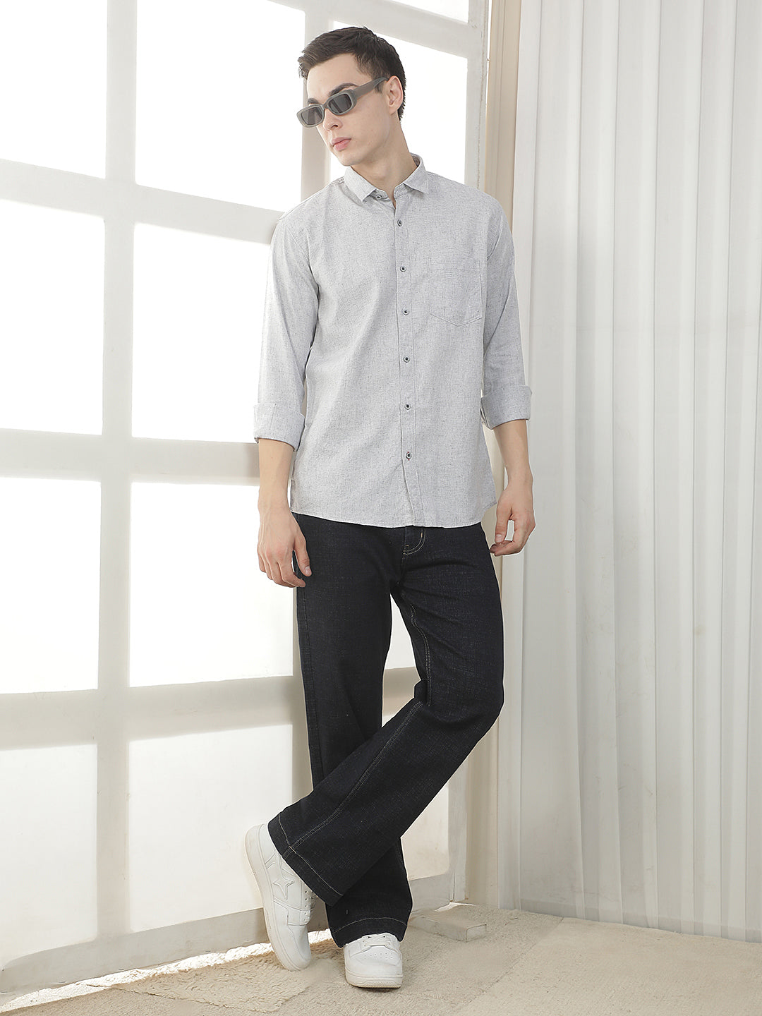 GREY TEXTURED SLIM-FIT CASUAL SHIRT