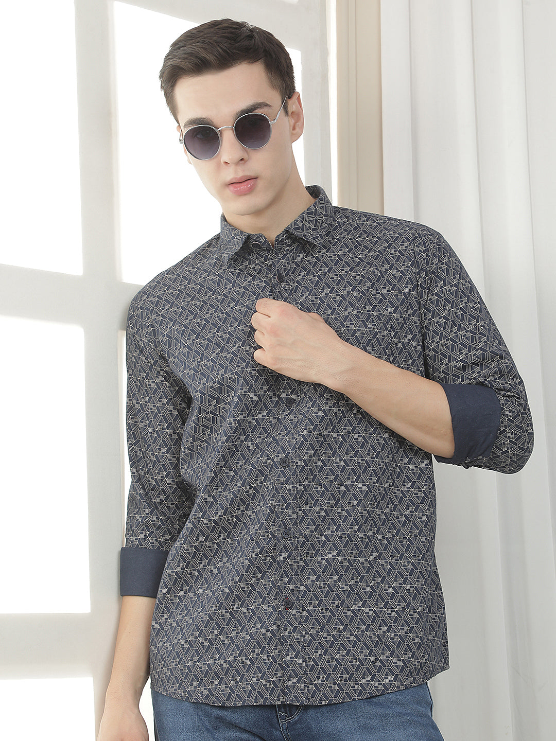 navy printed slim-fit casual shirt