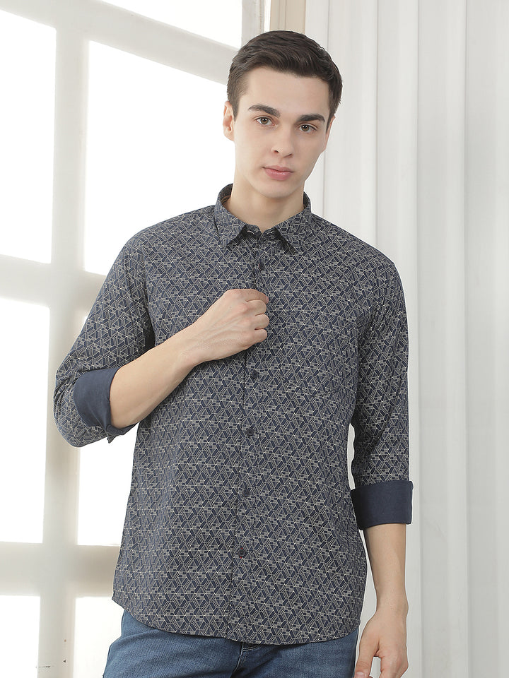 navy printed slim-fit casual shirt