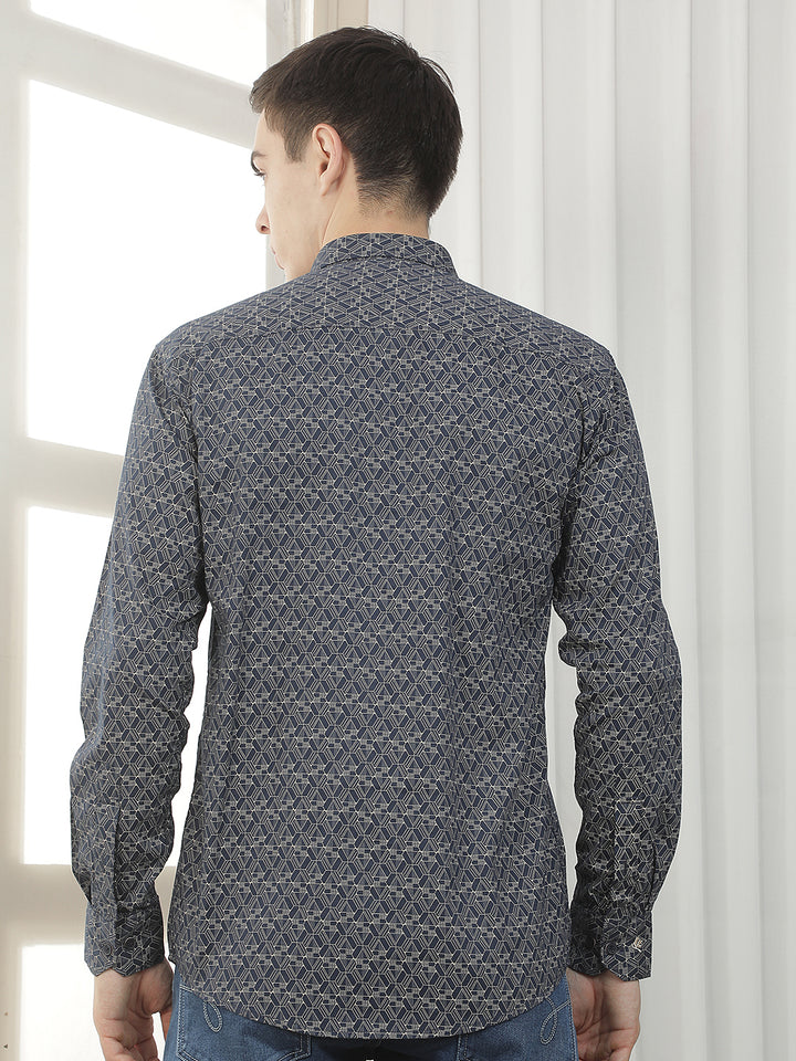 navy printed slim-fit casual shirt
