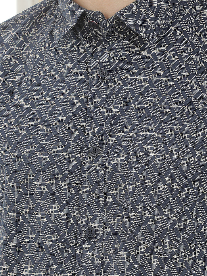 navy printed slim-fit casual shirt