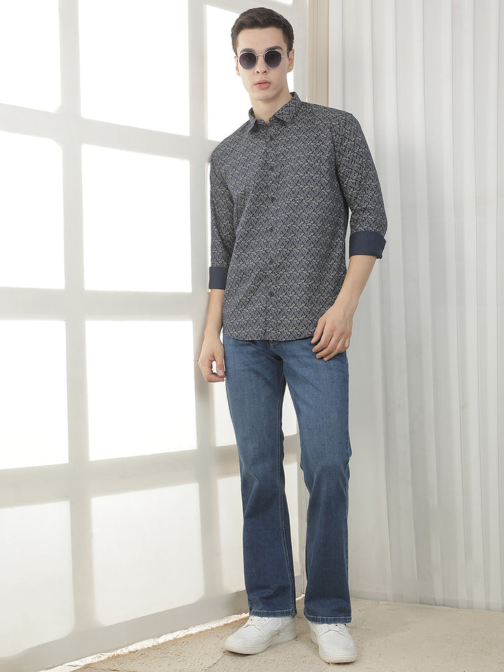 NAVY PRINTED SLIM-FIT CASUAL SHIRT
