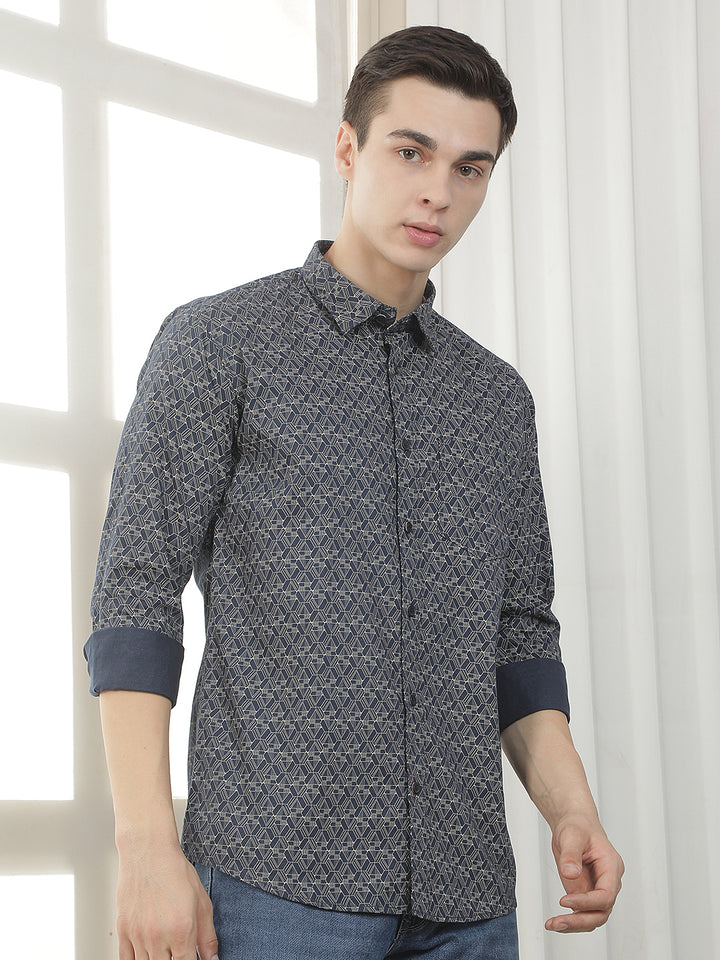 NAVY PRINTED SLIM-FIT CASUAL SHIRT