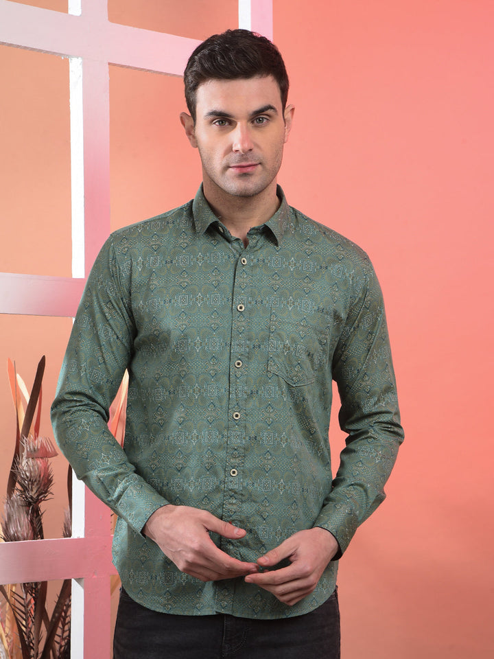 cobb green printed slim-fit casual shirt