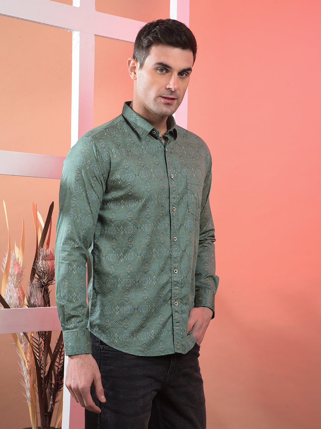 COBB GREEN PRINTED SLIM-FIT CASUAL SHIRT