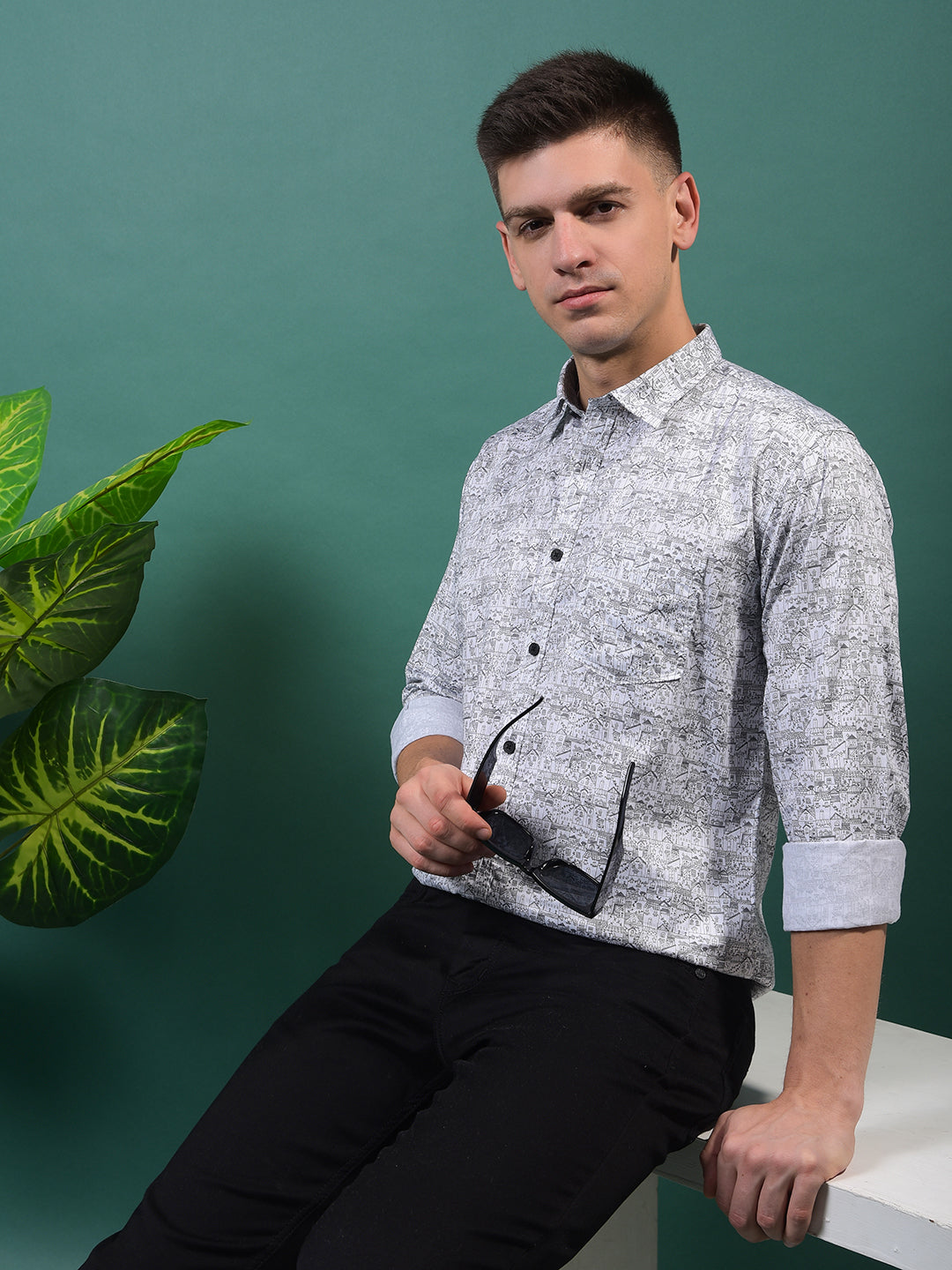 cobb white printed slim-fit casual shirt