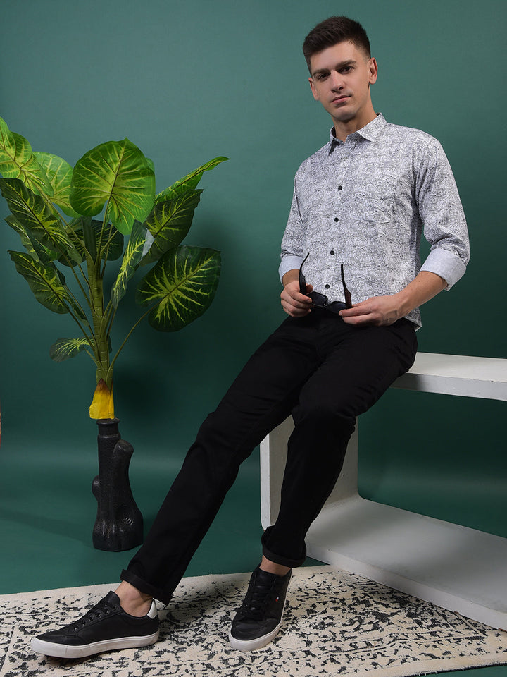 COBB WHITE PRINTED SLIM-FIT CASUAL SHIRT