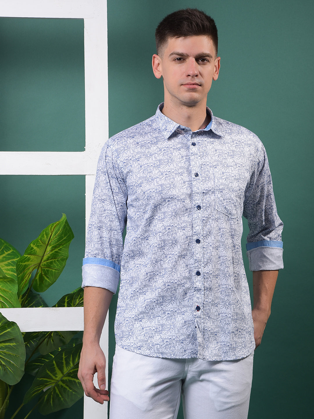 cobb blue printed slim-fit casual shirt