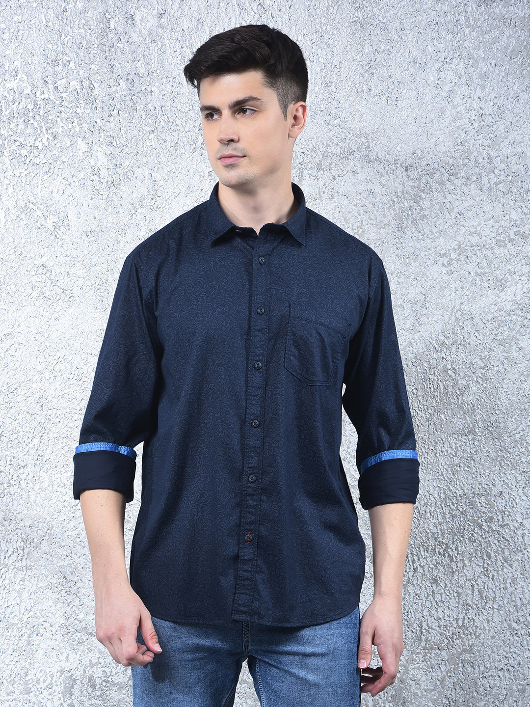 cobb navy blue printed casual shirt
