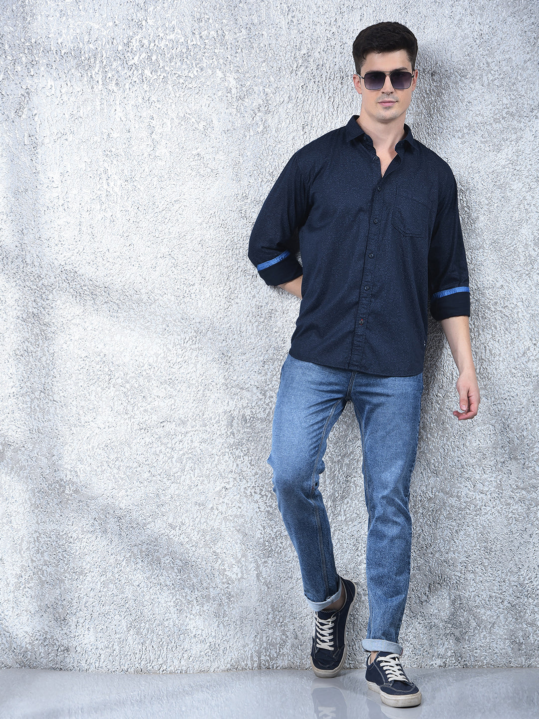 cobb navy blue printed casual shirt