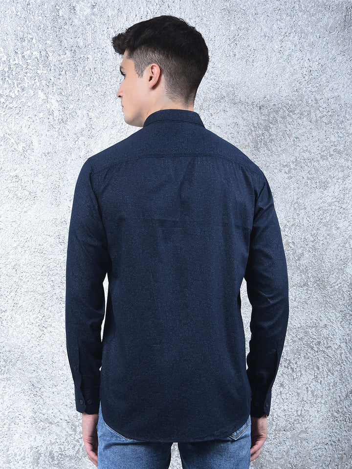 cobb navy blue printed casual shirt