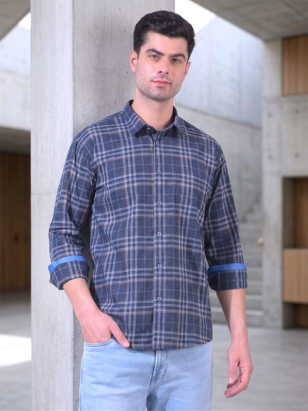 cobb navy blue checked slim-fit casual shirt