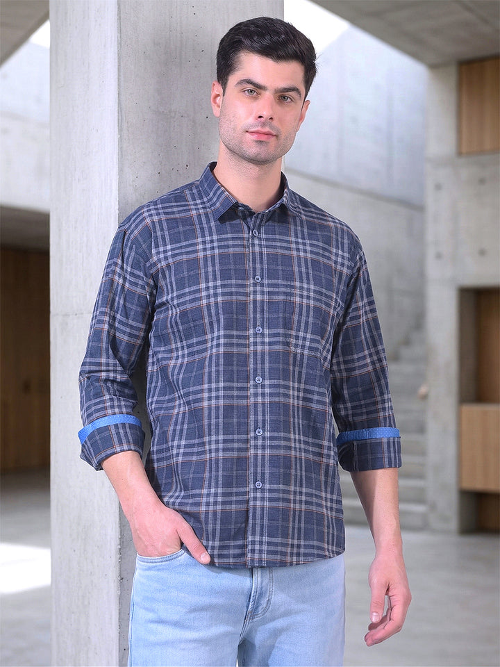 cobb navy blue checked slim-fit casual shirt